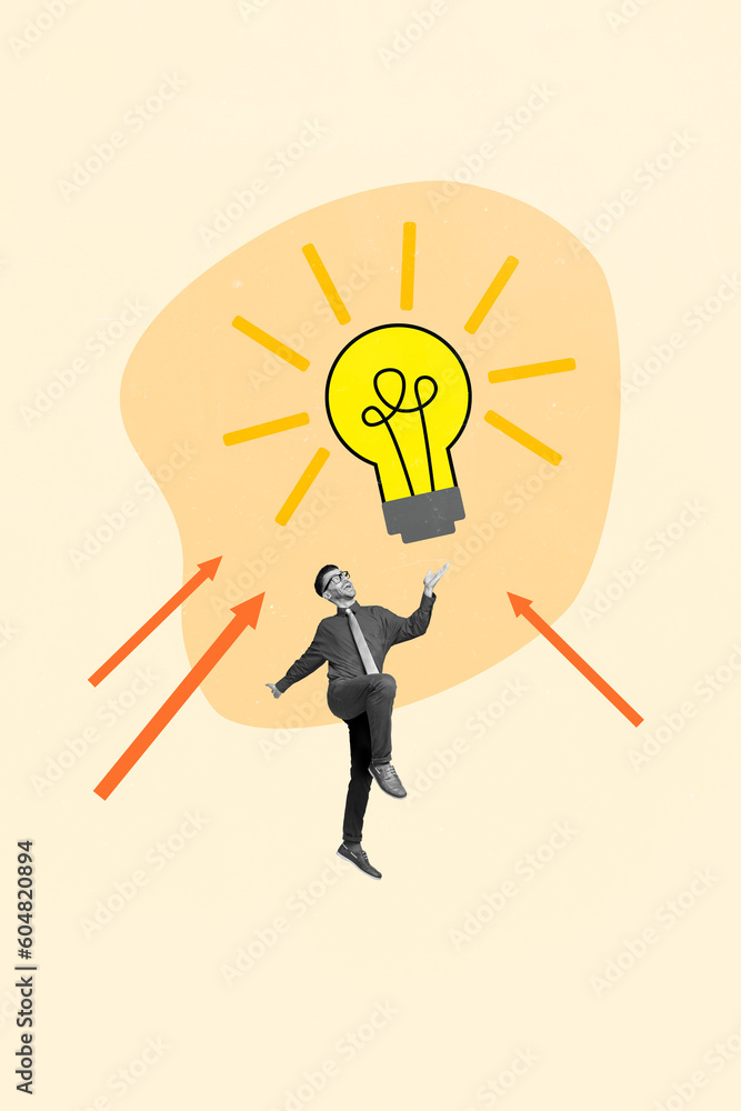 Vertical collage image of mini black white effect elegant guy jump arrows indicate big light bulb isolated on beige background Vertical collage image of mini black white effect elegant guy jump arrows indicate big light bulb isolated on beige background