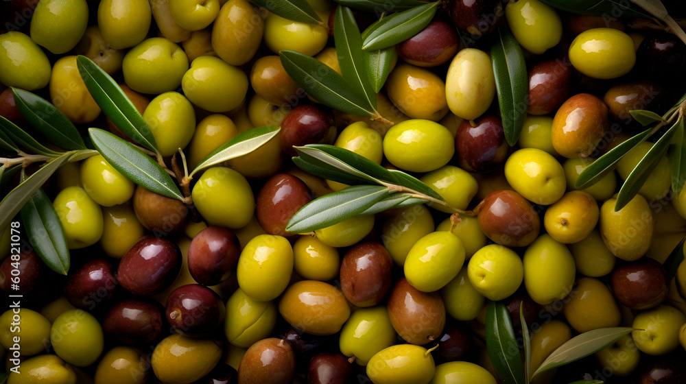 Many olives close up background. Fresh organic vegetable ripe Mediterranean vegan food. Texture shiny oil fruits photo
