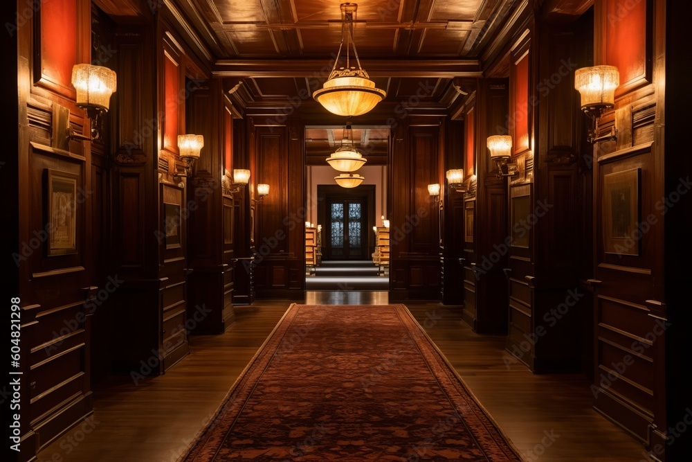 A dimly lit hallway with ornate doors, reminiscent of the iconic mansion. Generative AI A dimly lit hallway with ornate doors, reminiscent of the iconic mansion. Generative AI