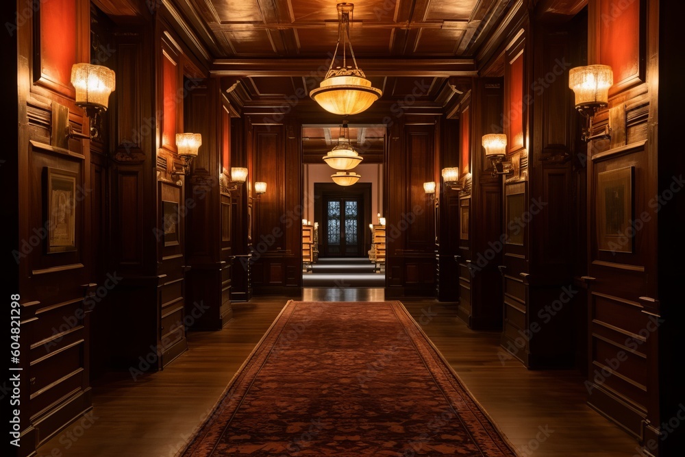 A dimly lit hallway with ornate doors, reminiscent of the iconic mansion. Generative AI