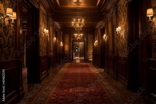 A dimly lit hallway with ornate doors, reminiscent of the iconic mansion. Generative AI © bluebeat76