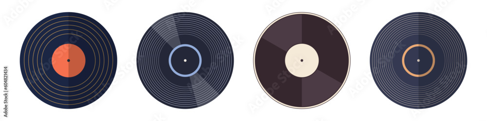 Vinyl icons. Vector vinyl record disc set. Vector color illustration. The view from the top. Gramophone LP vinyl record. Retro design. Vinyl icons. Vector vinyl record disc set. Vector color illustration. The view from the top. Gramophone LP vinyl record. Retro design.