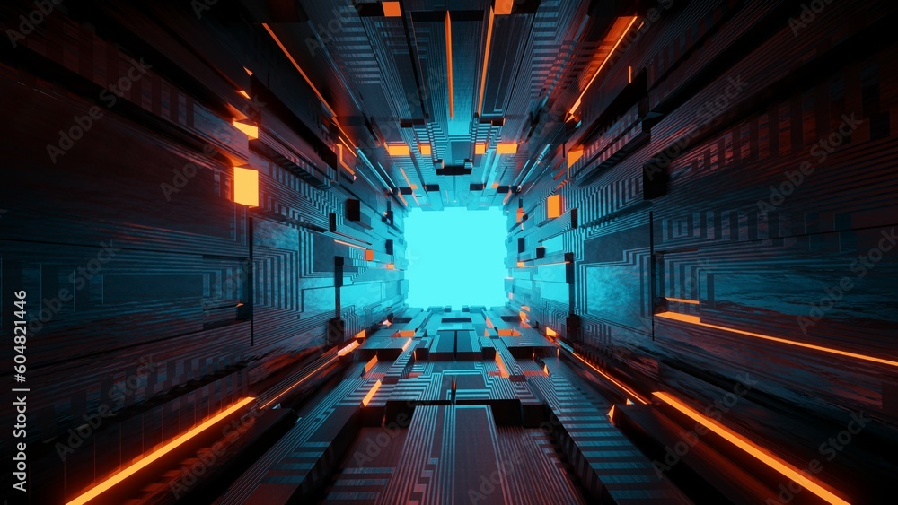 Fototapeta premium Crypto Digital Block moves to the inside wall screen orange light effect