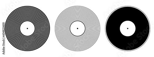 Vinyl icons. Vector vinyl record disc set. Vector black and white illustration. The view from the top. Gramophone LP vinyl record. Retro design. Simple symmetric vector icons.