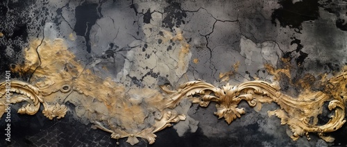 Distressed painted antique wall in black and gold, golden shiny rococo ornaments texture. Beautiful distressed luxury vintage surface. Generative Ai.