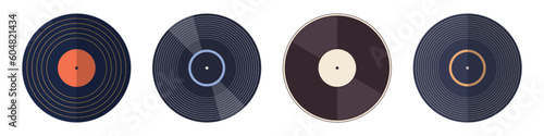 Vinyl icons. Vector vinyl record disc set. Vector color illustration. The view from the top. Gramophone LP vinyl record. Retro design.