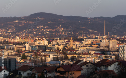 Cityscape of Banja Luka at evening, city center with church of Christ the Saviour and Banski Dvor photo