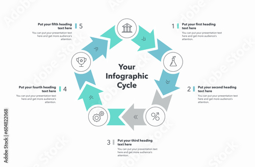 Five stages infographic cycle with minimalistic icons. Can be used for your website or presentation.