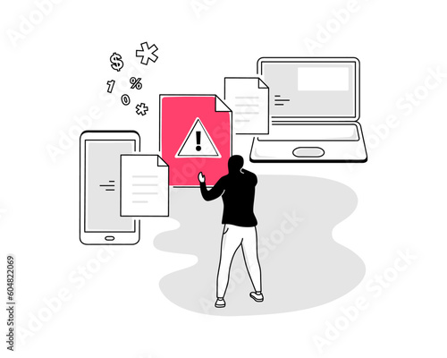 Illustration of a man-in-the-middle attack symbol with two devices communications and a hacker modifying their private data and using them for malicious purposes.