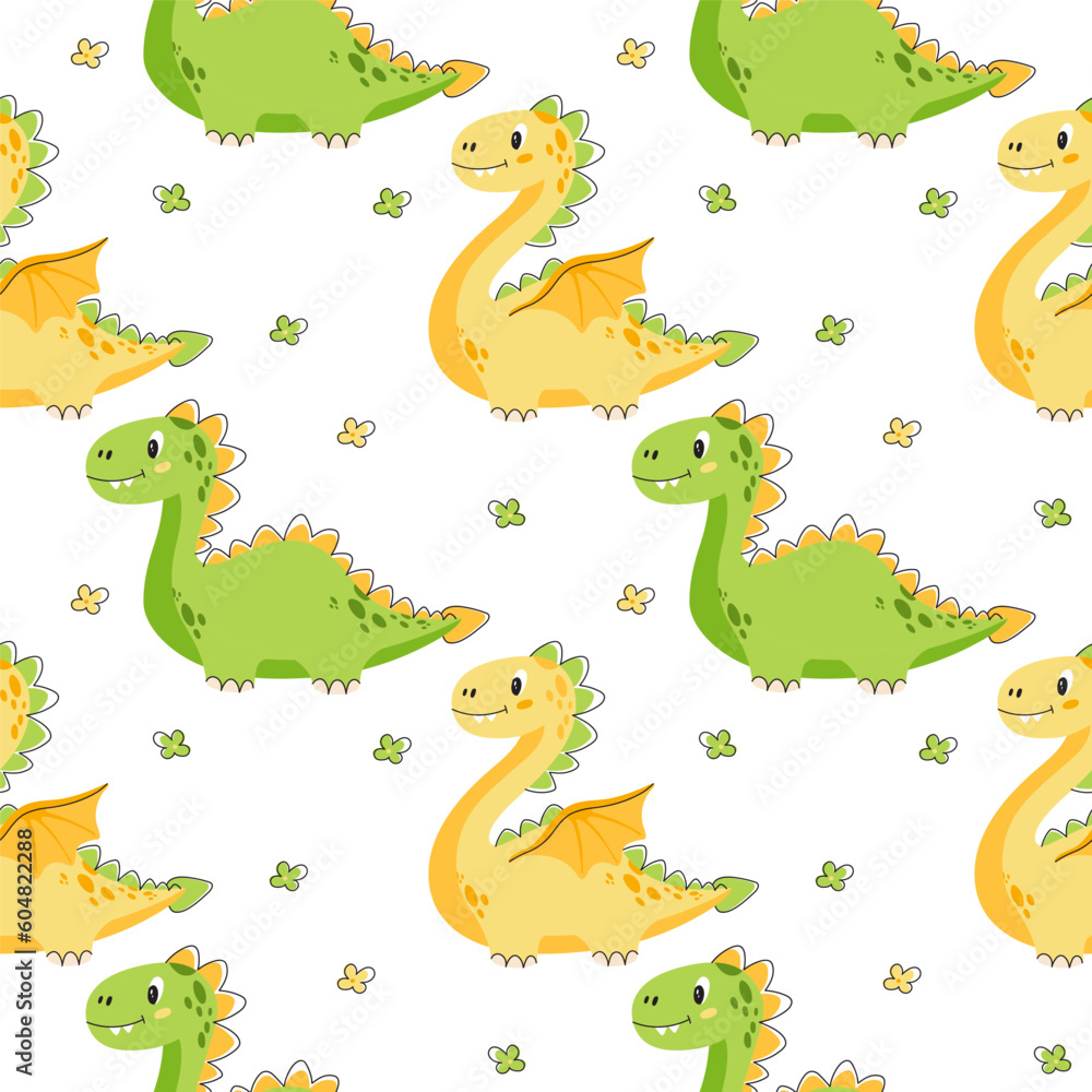 Naklejka premium Sweet little dino. Dinosaur baby cute seamless pattern. Vector illustration
