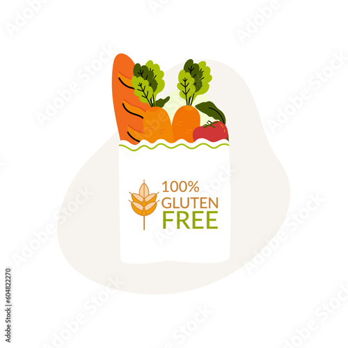 Illustration of bag with food. Concept of gluten free diet, dietary eating. Vector illustration