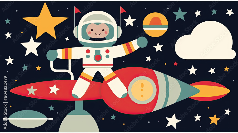 Naklejka premium The astronaut is flying in outer space with a rocket behind them