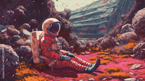 Cartoon illustration of an astronaut wearing an orange astronaut suit, sitting and leaning against a stack of rocks in outer space
