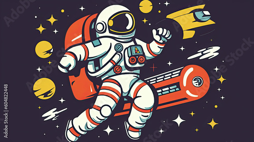 Vibrant Cartoon Cosmonaut Soaring Among Whimsical Planets