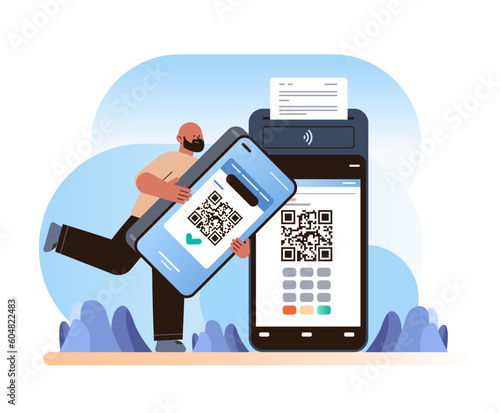 man customer or shopper using mobile app with qr code and pos-terminal to make a payment on smartphone online shopping concept horizontal vector illustration