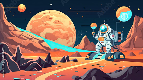 The illustration portrays an astronaut riding a moon buggy, exploring a new planet. The image is done in a modern, flat cartoon style
