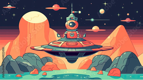 Cartoon illustration of an alien ship floating above a pond, surrounded by many planets