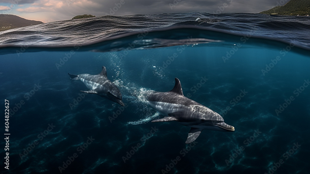 Fototapeta premium Dolphins jumping out of the water at sunset