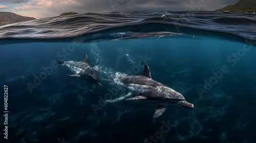 Dolphins jumping out of the water at sunset