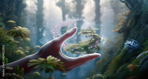 Illustration of a hand holding a green plant surrounded by lush trees in a forest created with Generative AI technology