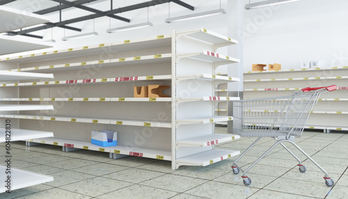 3d Illustation eines Supermarktes mit einem Einkaufswagen und leeren Gängen und leeren Regalen.