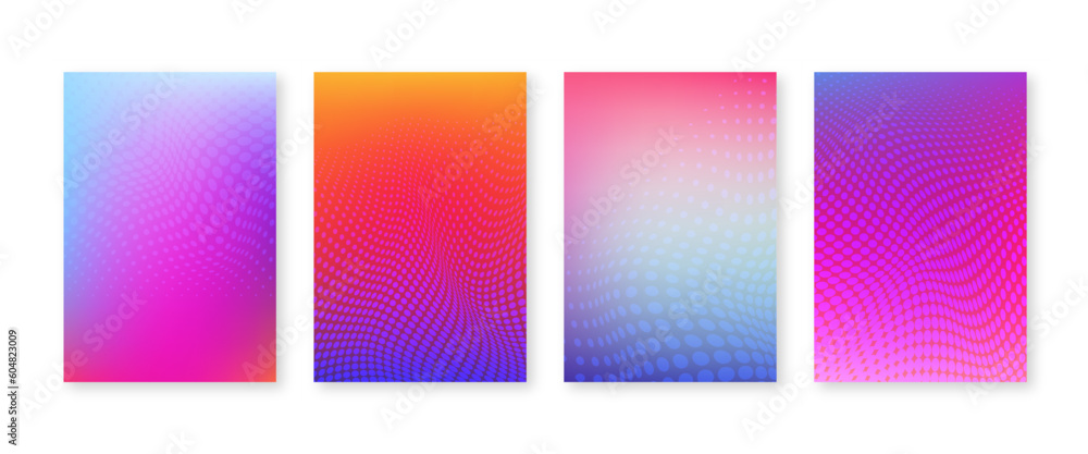 Bright color gradient cover set with geometric halftone dots pattern. Vector abstract trendy background. Colorful mesh art