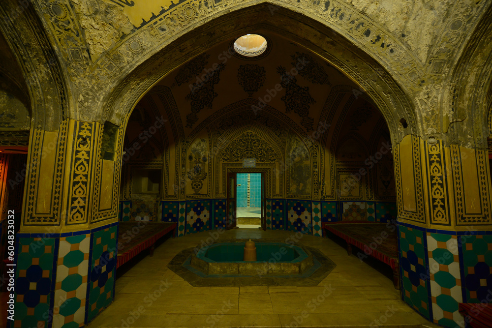 Amazing view of hot bathing hall (garmkhaneh) at Sultan Amir Ahmad Bathhouse. Persian public bathhouse. Kashan is a popular tourist destination of the Middle East.