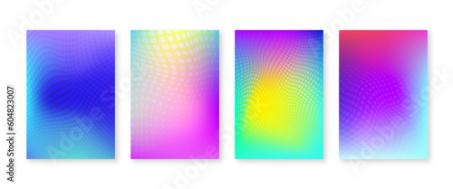 Bright color gradient cover set with geometric halftone dots pattern. Vector abstract trendy background. Colorful mesh art