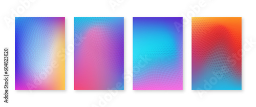 Bright color gradient cover set with geometric halftone dots pattern. Vector abstract trendy background. Colorful mesh art