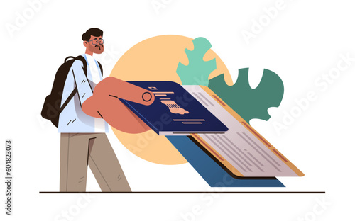indian man tourist holding passport with boarding pass or flight ticket guy giving documents allowing to travel