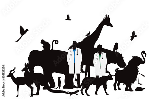 Vector silhouette of veterinary with group of animals on white background. Symbol of Zoo and vet.