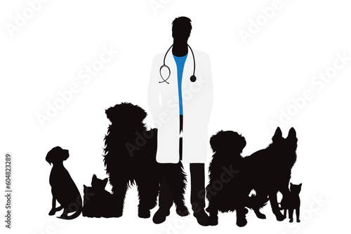 Vector silhouette of veterinary with group of animals on white background. Symbol of pet and vet.