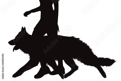 Vector silhouette of woman with her happy dog on white background. Symbol of pet and canine.