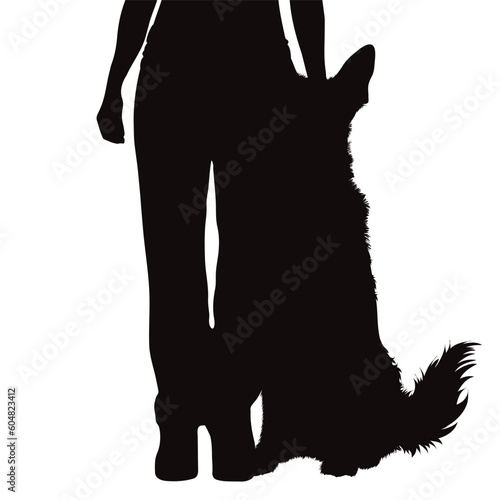Vector silhouette of woman with her happy dog on white background.