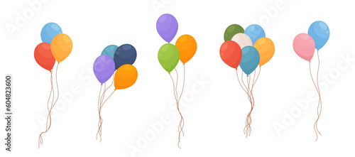 Colorful helium balloons bunches, cartoon flat vector illustration isolated on white background.
