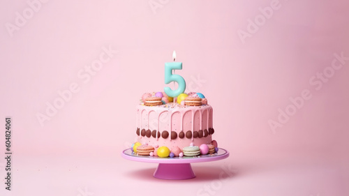 Birthday cake with five candle on pink pastel background. Generative AI.