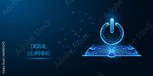 Digital learning, E-learning platforms futuristic concept with open book and power button on blue