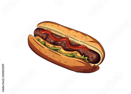 a hot dog that is covered with lettuce and pepper, in the style of highly detailed illustrations, light red and dark amber, iso 200, smooth brushstrokes, detailed miniatures, simple