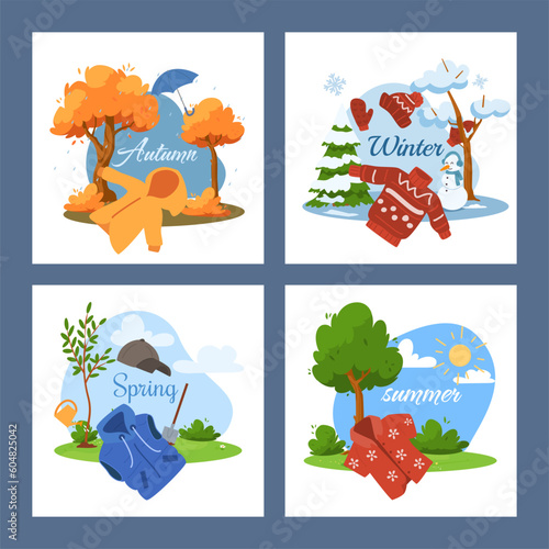 Seasonal posters set, kids clothes for four seasons - cartoon flat vector illustration.
