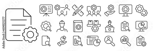 Set of gear icons. Illustrations featuring gears in various sizes, styles, and configurations, symbolizing mechanics, engineering, industry, machinery, technology, precision, and teamwork.