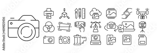 Set of camera icons. Illustrations depicting various types of cameras and photographic equipment, including DSLR cameras, digital cameras. Camera concept.