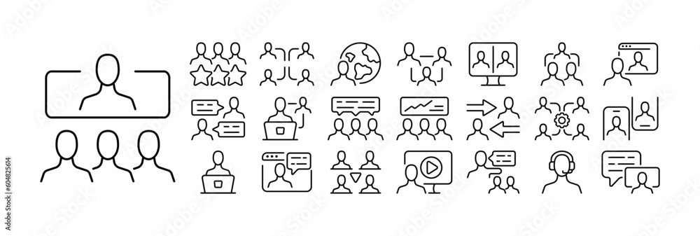 Set of communication icons. Illustrations depicting various communication-related symbols and elements, including speech bubbles, chat bubbles, phone, email, video call. Chat concept.