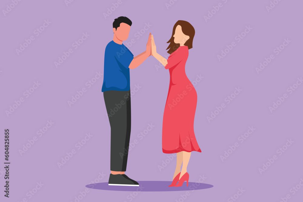 Graphic flat design drawing man and woman holding hands and looking in each other eyes. Romantic couple in love spending time together outdoors. Happy family concept. Cartoon style vector illustration Graphic flat design drawing man and woman holding hands and looking in each other eyes. Romantic couple in love spending time together outdoors. Happy family concept. Cartoon style vector illustration