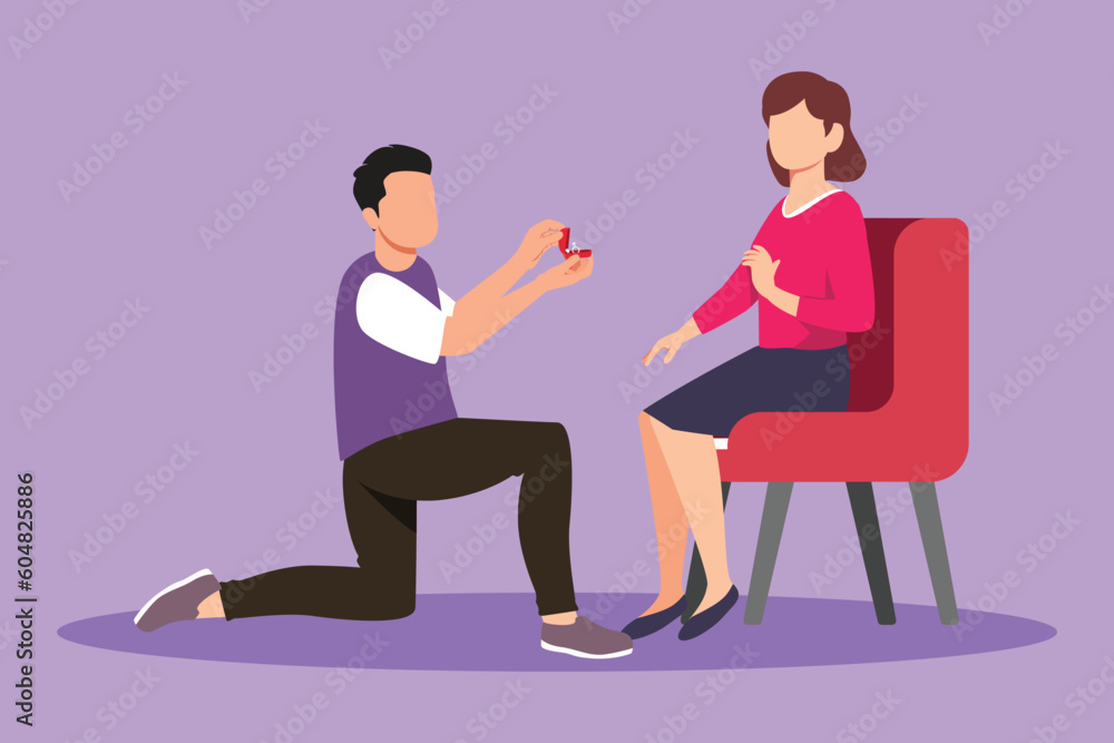 Cartoon flat style drawing happy man proposes to woman sitting on chair and gives ring. Cute couple getting ready for wedding. Bride and groom celebrate engagement. Graphic design vector illustration Cartoon flat style drawing happy man proposes to woman sitting on chair and gives ring. Cute couple getting ready for wedding. Bride and groom celebrate engagement. Graphic design vector illustration