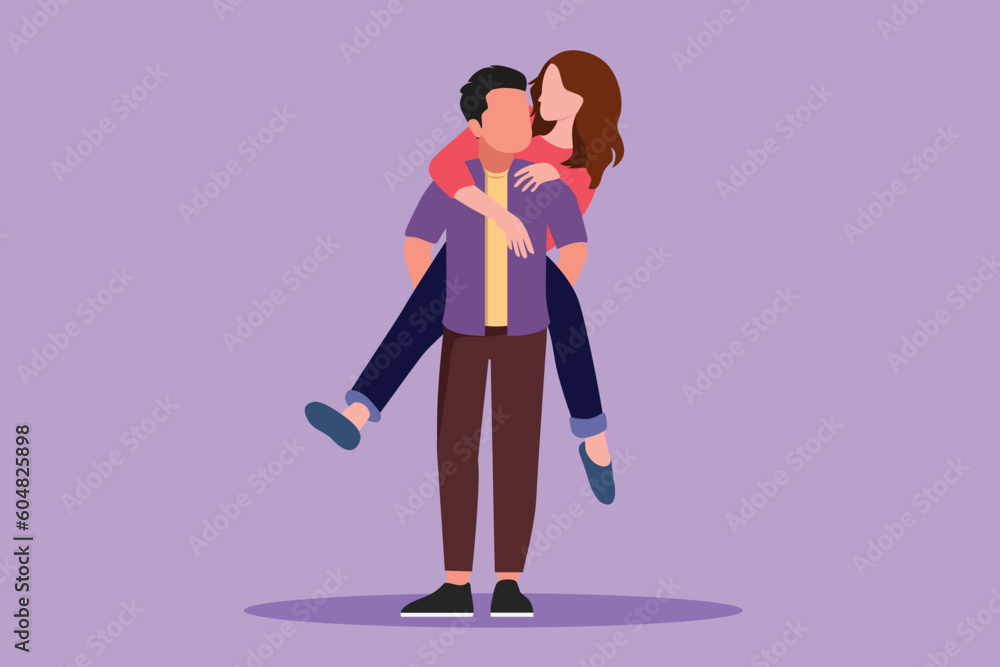 Character flat drawing happy man carrying and embracing woman at city park. Happy romantic couple in love. Young couple relationship celebrate wedding anniversary. Cartoon design vector illustration