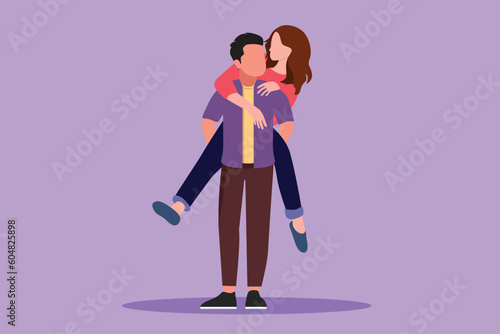 Character flat drawing happy man carrying and embracing woman at city park. Happy romantic couple in love. Young couple relationship celebrate wedding anniversary. Cartoon design vector illustration