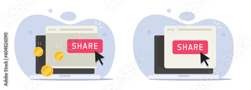 Share social media technology on laptop computer vector icon with money monetize revenue earnings flat graphic illustration, digital website ppc affiliate tech marketing, paid add service image