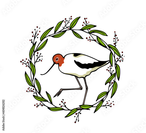 Vector card of hand drawn cute American Avocet in graceful floral wreath with red berries. Beautiful animal design elements, ink drawing, logo template