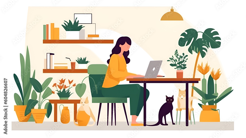 Generative AI, woman works behind a laptop home office Generative AI, woman works behind a laptop home office