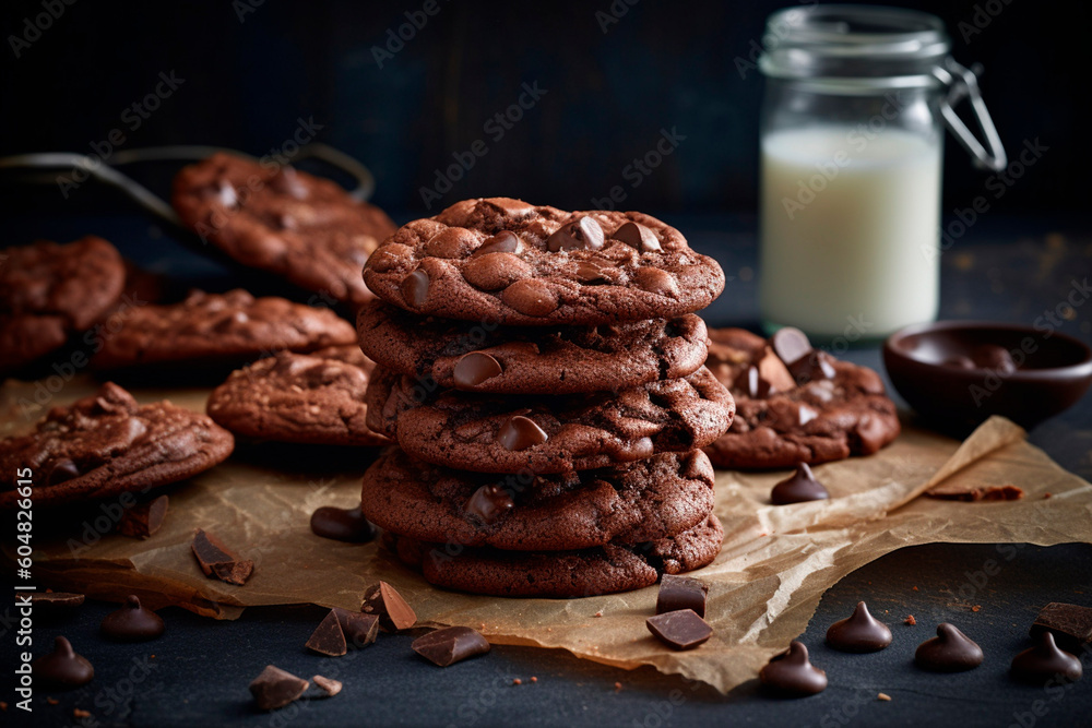 Chocolate cookies and milk created with Generative AI technology Chocolate cookies and milk created with Generative AI technology
